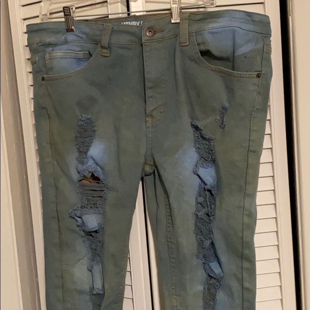 Turquoise-dyed Ripped Skinny Jeans